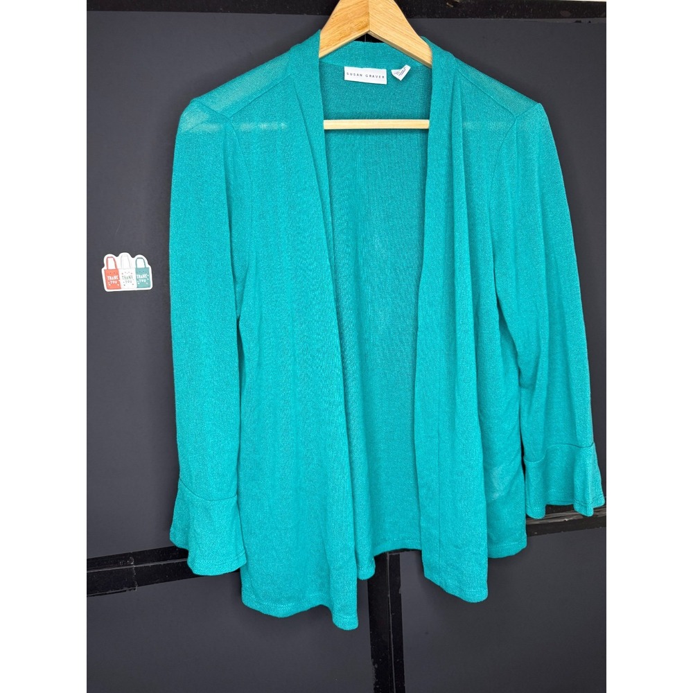 Susan Graver Novelty Knit Open Front 3/4-Flounce Sleeve Cardigan Teal T: M #43" - Picture 2 of 6